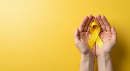 Sarcoma Cancer Awareness Month concept. Hands of woman holding yellow ribbon on yellow background. Symbolic for Bone and Childhood Cancer, Suicide prevention, Endometriosis week. Banner, copy space