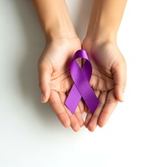 Alzheimer's and Brain Awareness Month concept. Hands of woman holding purple ribbon on white background. Symbolic for Pancreatic cancer, Cancer Day, Overdose and Domestic violence awareness.
