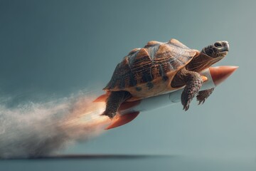 Turtle riding a rocket, surreal fast speed concept.
