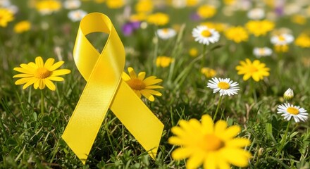Sarcoma Cancer Awareness Month concept. Yellow ribbon on blur blooming green meadow with flowers. Symbolic for World Bone and Childhood Cancer Day, Suicide prevention, Endometriosis week. Banner, card