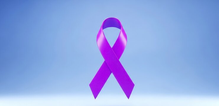 Alzheimer's and Brain Awareness Month concept. Purple ribbon on light blue background. Symbolic for Pancreatic cancer, Cancer Day, Overdose and Domestic violence awareness. Banner with copy space - Powered by Adobe