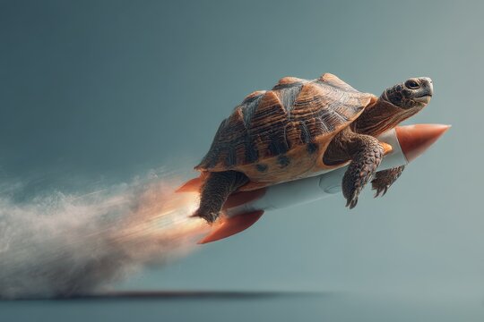 Turtle riding a rocket, surreal fast speed concept.