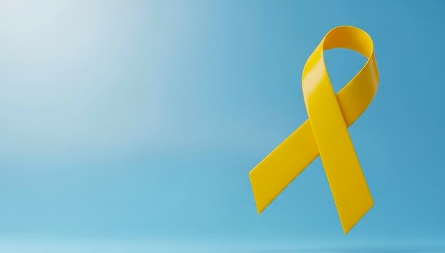 Sarcoma Cancer Awareness Month concept. Yellow ribbon on blue background. Symbolic for Bone and Childhood Cancer, Suicide prevention day, Endometriosis week. Banner with copy space.