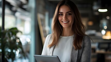 Portrait of a happy businesswoman with touchpad in office 
