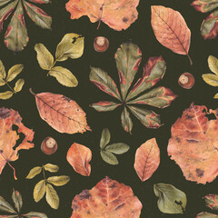 Elegant hand drawn pattern design with illustrations of fallen leaves. Perfect for home textile, wallpapers, fabrics, apparel, packaging design, stationery and other printed goods