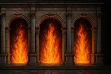 A stone structure with arches and flames
