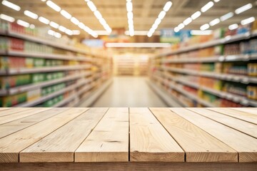 supermarket aisle with foreground table