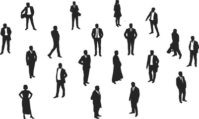 Business people silhouettes, professional men and women standing, walking, posing in formal suits, black vector