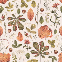 Elegant hand drawn pattern design with illustrations of dried herbs, leaves and flowers. Perfect for home textile, wallpapers, fabrics, apparel, packaging design, stationery and other printed goods