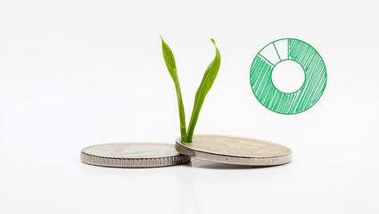 Plant sprouting from coins with pie chart isolated on white background