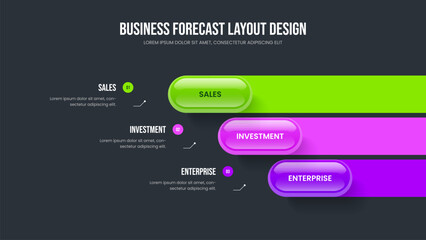 Professional Report Slideshow Layout Vector Illustration. Creative Solution 3 Element Diagram Slide Template. Sales Introduction Three Step Infographic Presentation Design.