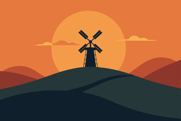 Obraz premium Sunset Silhouette Windmill on Hilltop Landscape Illustration