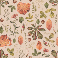 Elegant hand drawn pattern design with illustrations of dried herbs, leaves and flowers. Perfect for home textile, wallpapers, fabrics, apparel, packaging design, stationery and other printed goods