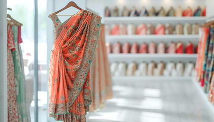 Saree Indian dress in white luxury boutique background. Indian attire in fashion store. Festive outfit. Beautiful Bollywood clothing. Stylish orange party dress. Handloom saree salon. Banner