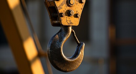 Weathered crane hook with visible rust and bolts industrial equipment detail