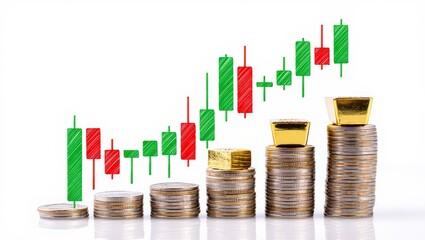 Gold bars and coins with candlestick chart isolated on white background