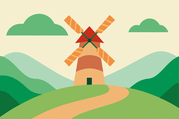 Obraz premium Rural landscape with a charming house and windmill on a grassy hill under a summer sky