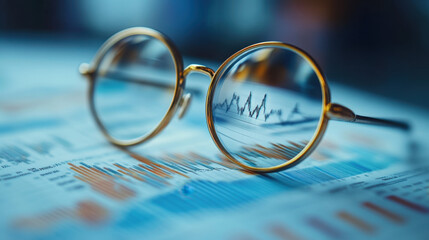 Close Up of Round Gold Eyeglasses Reflecting Financial Charts