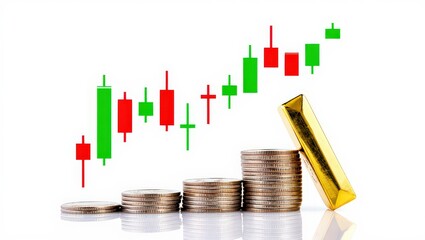 Gold bar and coins with candlestick chart isolated on white background