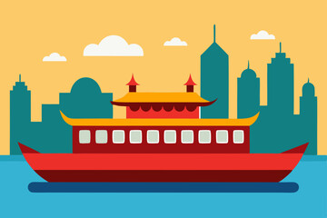 Naklejka premium Vibrant Cityscape A Stunning Illustration of a Chinese Restaurant Boat