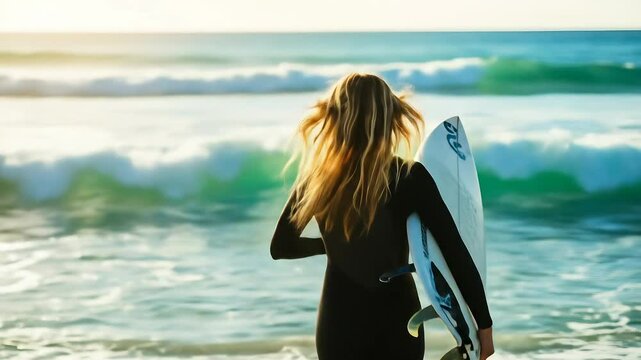 woman in wetsuit running with surfboard toward ocean waves to catch perfect surf during sunny beach day