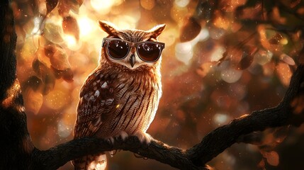 Stylish owl wearing sunglasses while resting on a branch with beautiful green leaves surrounding