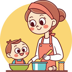 Multitasking Mom Cartoon Vector – Supermom Juggling Work, Baby, Cooking & Home Tasks