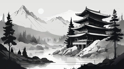 japanese templa and landscape watercolor ink vector painting
