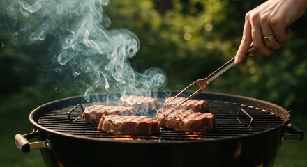Fototapeta premium Hand using tongs to flip steaks on a grill with smoke rising in an outdoor setting during the day