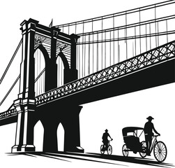 Silhouette suspension bridge over river with city architecture and sky