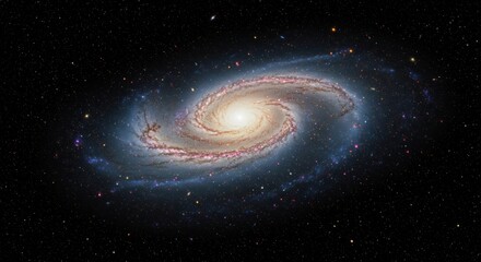 Stunning spiral galaxy with vibrant colors and star clusters set against a dark cosmic background