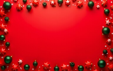 Obraz premium Creative christmas framei on red background. Xmas and New Year holiday, banner, postcard, invitation, celebration. Flat lay, top view. High quality