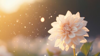 Delicate flower radiates beauty in soft sunset glow with floating pollen