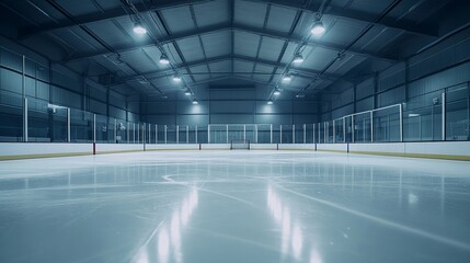 A hockey rink's penalty box with glass and ice, indoor setting with bright lights, Modern style