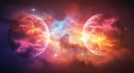 Fototapeta premium Vibrant cosmic scene featuring two planets amidst colorful nebulae and celestial clouds in space