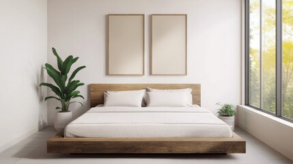 Minimalist Bedroom Mockup Wooden Bed, Two Vertical Frames, Plant, Natural Light Minimalist bedroom, mockup