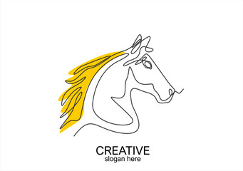 Creative Horse Head Logo with Yellow Mane - Single Line Art. line icon-continuous line drawing. Editable stroke.