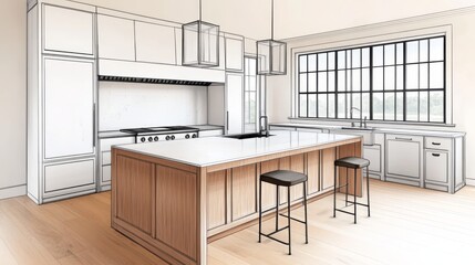 Modern Farmhouse Kitchen Design Sketch Island, Cabinetry, Window, Lighting, Kitchen Design, Farmhouse Style Kitchen Design, Farmhouse Style