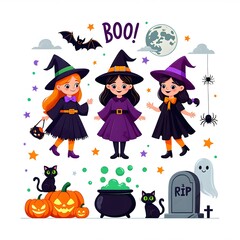 Adorable halloween illustration featuring three witch girls pumpkins cats bats and spiders with boo