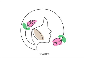 Obraz premium Beauty logo with a woman profile and flowers in a circle. line icon-continuous line drawing. Editable stroke.