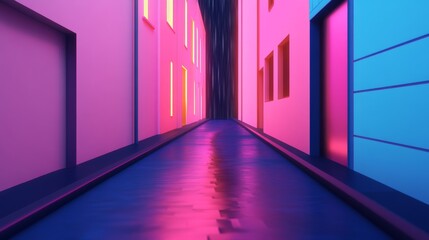 Neon City Canal 3D Render, Pink and Blue Buildings, Water Reflection, Cyberpunk, Synthwave. Cyberpunk, Synthwave