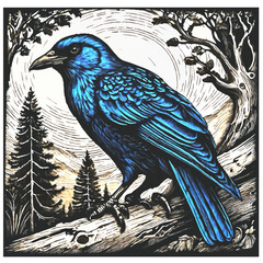raven in the forest vintage pencil sketch illustration