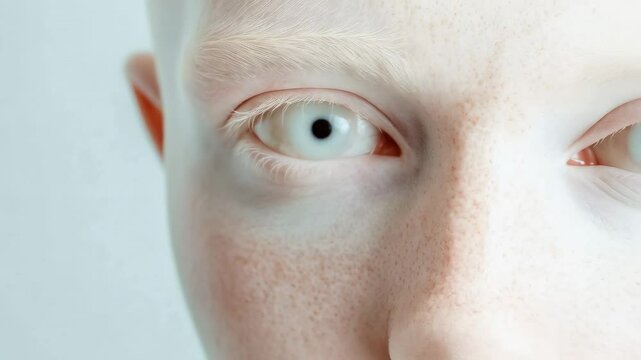 Albino individual revealing striking facial characteristics with pale complexion, light colored hair, and ethereal gaze against pristine white background