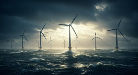 Offshore wind farm with lightning storm, a sustainable energy concept. Renewable power generation, environmental protection, electric industry.