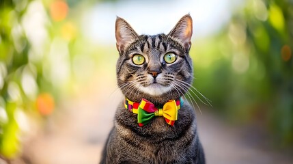 Elegant cat wearing a stylish bow tie posing gracefully with a charming expression in natural light