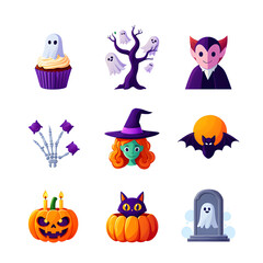 Cute halloween illustrations collection featuring ghosts witch vampire pumpkin and other spooky elements