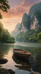 Fototapeta premium Limestone Karst Landscape with Boat at Sunrise