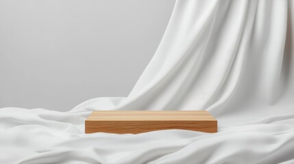 Wooden Platform on White Silk Drape Product Display Mockup, minimal, background product display, mockup