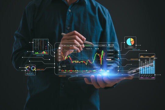 investment financial concept Business finance data analytics graph.Financial management technology.Advisor using KPI Dashboard on virtual screen, man using digital tablet pen working with data charts