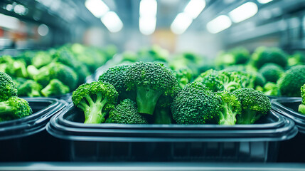 Broccoli, tape in the food industry, products ready for automatic packaging. Concept with automated food production